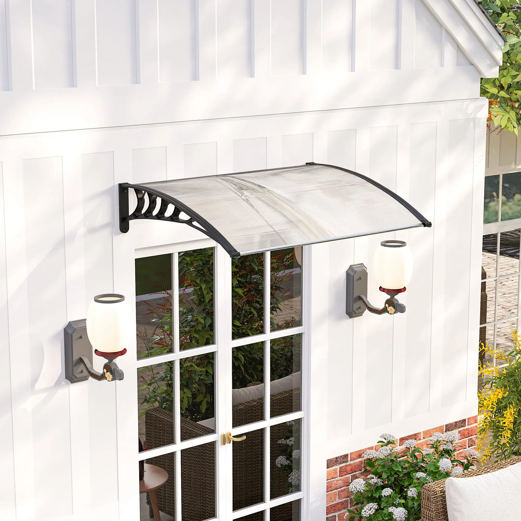 Außenmarkisen für Türen und Fenster, 122x89 cm, Sonnen- und Regenschutz-Vordach mit Polycarbonat-Dach, Aluminiumlegierungshalterung, Weiß