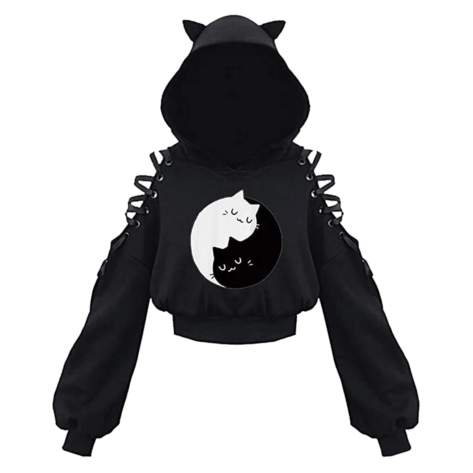 Women Long Sleeve Hoodies Kawaii Cat Ears Hoodie Gothic Punk Harajuku Cold Shouler Bandage Gothic Black Sweatshirts 2022