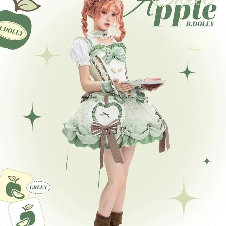 SOIOMES Manzana Verde Dulce Lolita Mariposa JSK Lindo Perro Adelgazante Vestido Corto De Hada De Brotes De Flor