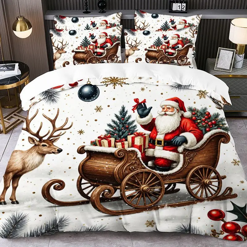 Brushed Printed Duvet Cover Set Santa Claus Quilt Cover Pillowcase 2pcs/3pcs Christmas Tree Christmas Theme All Size Bedding