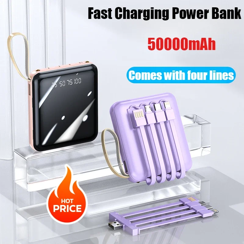 2025 New Portable Mini Charging Power Bank with Flashlight LED 4 in 1 Detachable Cable 50000mAh for iPhone Samsung Xiaomi Huawei