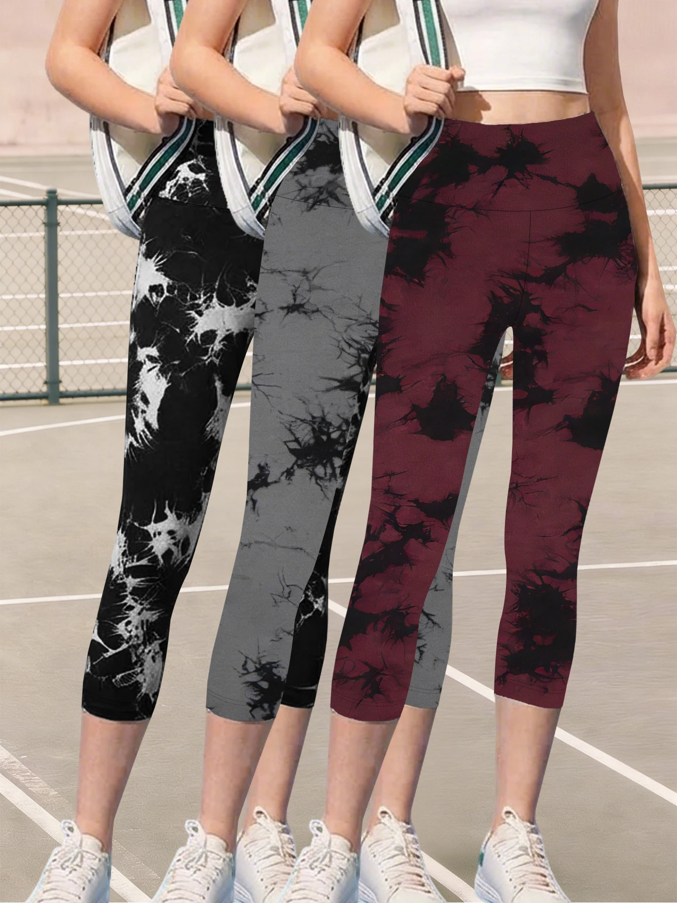 

Комплект из 3-х супермягких спортивных капри с высокой талией и принтом тай-дай для женщин, не просвечивающие, для тренировок, бега, йоги и занятий спортом
