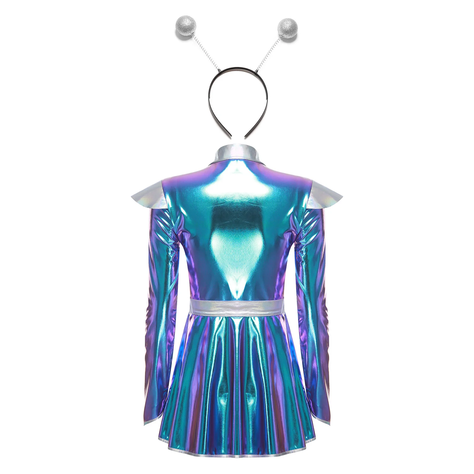 Women Alien Robot Astronaut Space Cadet Cosplay Costume Long Sleeve Metallic Shiny Dresses with Hair Hoop for Halloween Carnival view 4