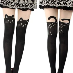 Calcetines hasta la rodilla de seda con estampado de gato negro para mujer, calcetines informales hasta el muslo de algodón cálidos por encima de la rodilla, calcetines románticos bonitos para mujer