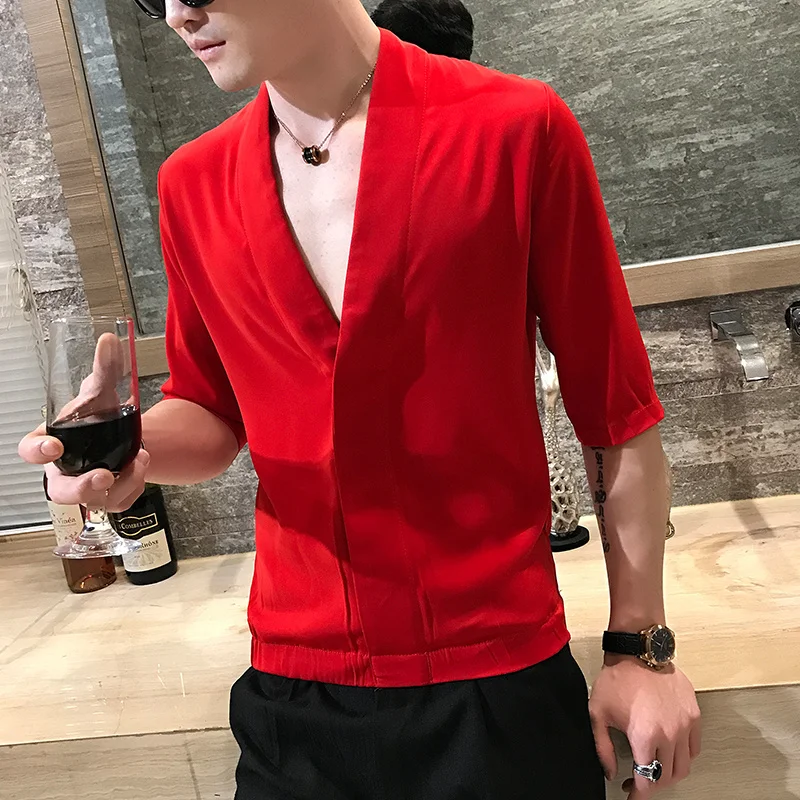 2020 Summer Korean Chinese Style Print Shirt Man Long Sleeve V-collar Camisa Masculina Shirts Camisa Homem Camisas Para Hombre