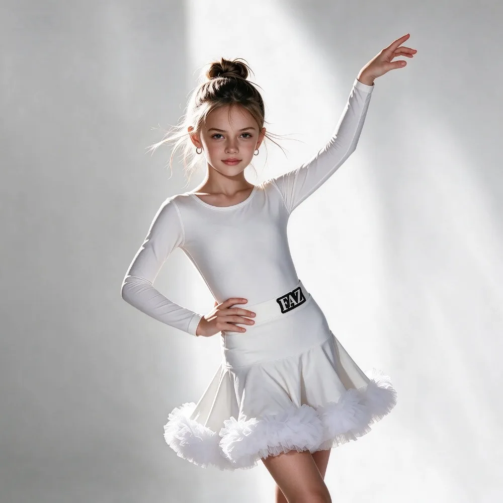 White Girls Latin Dance Clothes Children's Training Daily Costume Long Sleeve Ruffles Skirts Ballroom Dance Competition Dresses