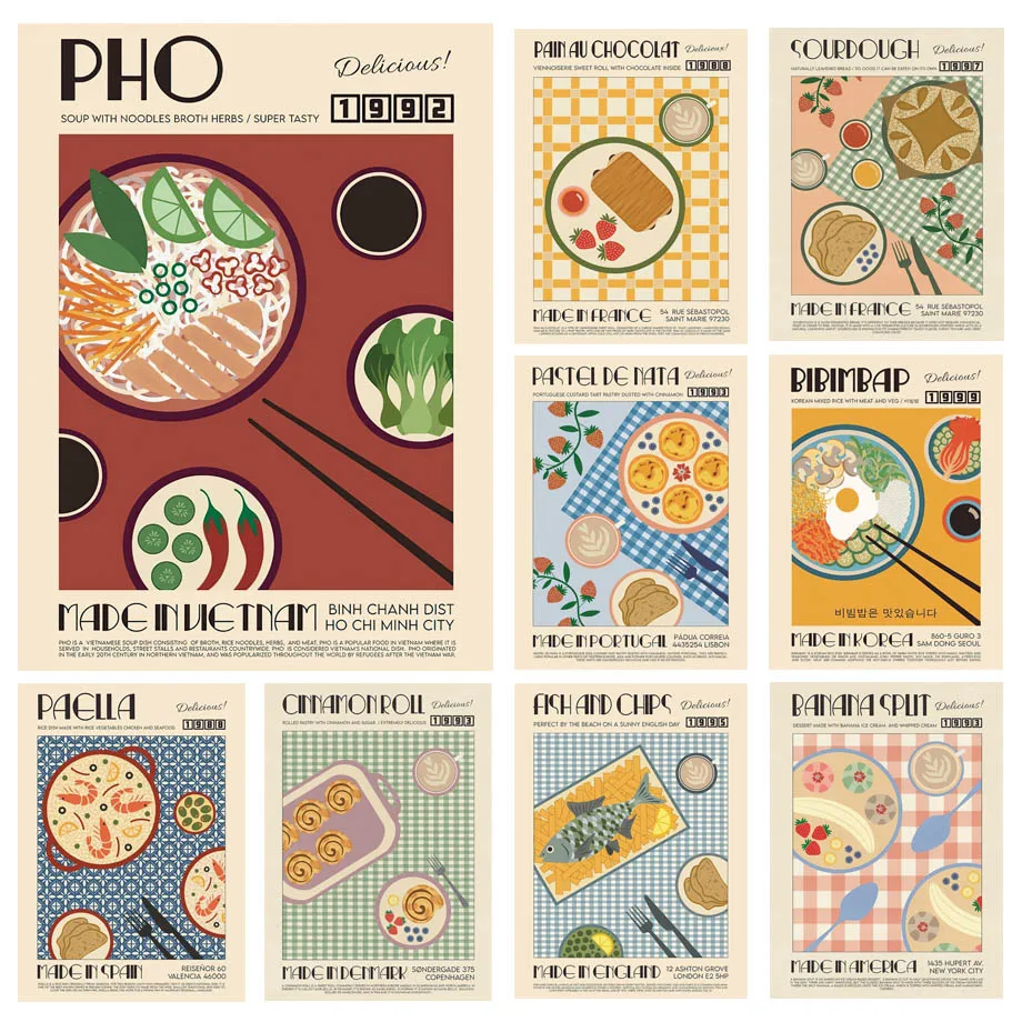 Pho Hummus Banana Split Bibimbap, comida de pescado, cuadro sobre lienzo para pared, carteles nórdicos e impresión de imagen de pared para decoración de cocina y habitación