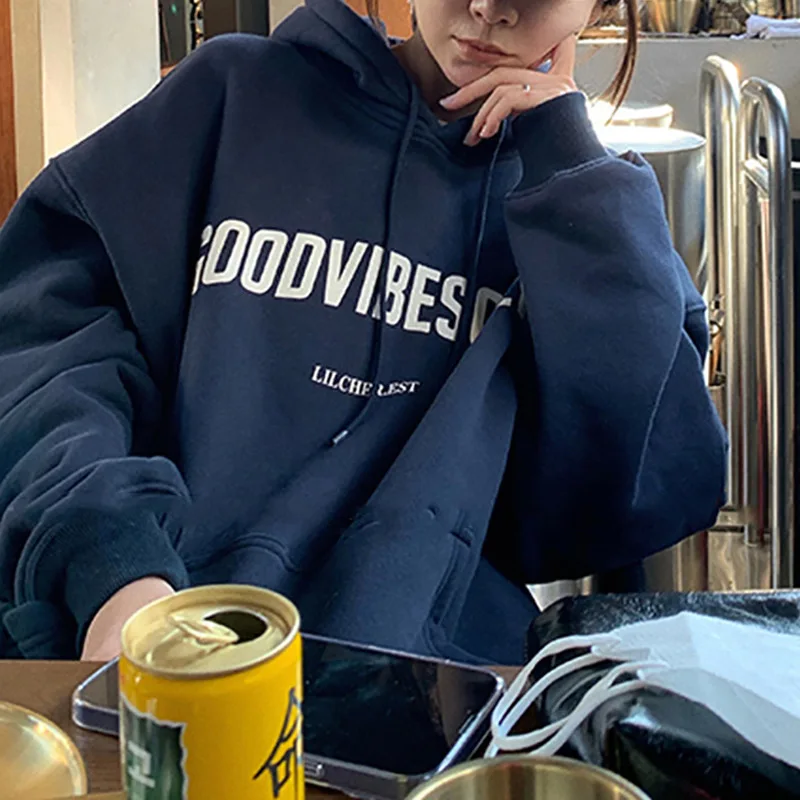 Plus Size Fleece Hoodie Solid Color Letter Hooded Korean Fashion Sweatshirts Long Sleeve Top Drawstring Pockets Loose Hoodies
