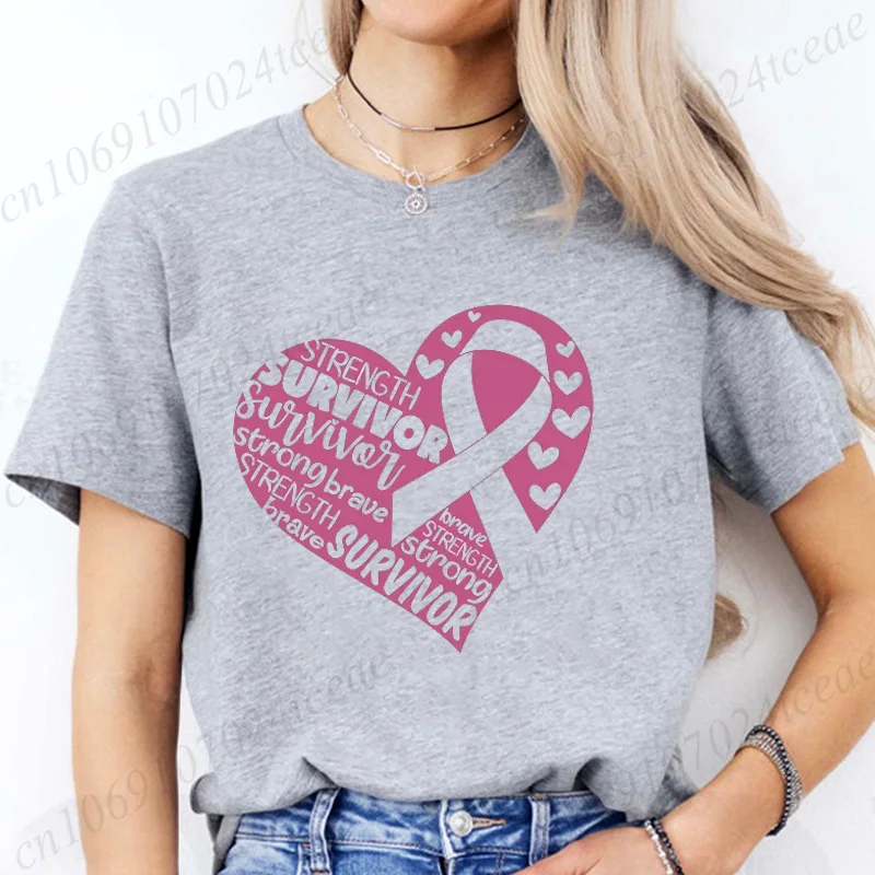 المرأة الوردي الشريط تي شيرت الملابس Harajuku الشارع الشهير تي شيرت بلايز عادية تيز موضة جديدة سرطان الثدي الوعي الحب تي شيرت