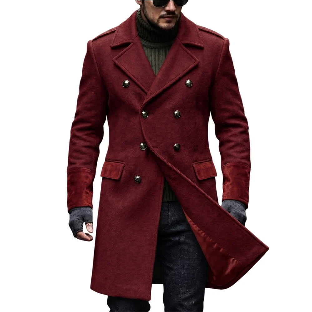 Autumn Winter Men Burgundy Double Breasted Woolen Overcoat Notched Lapel Spliced Cuff Design Mid‑Long Warm Male Business Outerwe