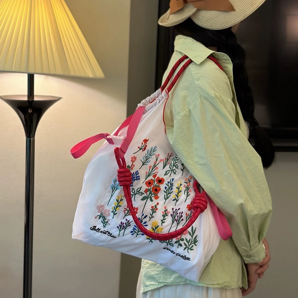 Sacs à cuillère à soupe brodés floraux pour femmes, sacs à main de créateurs de fleurs, grand sac initié, sacs à provisions en nylon, sacs à main