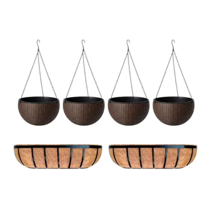 

Outdoor balcony and patio self-watering hanging baskets 11 inch + metal wall-mount planters (24 inch) with coco liners green pl