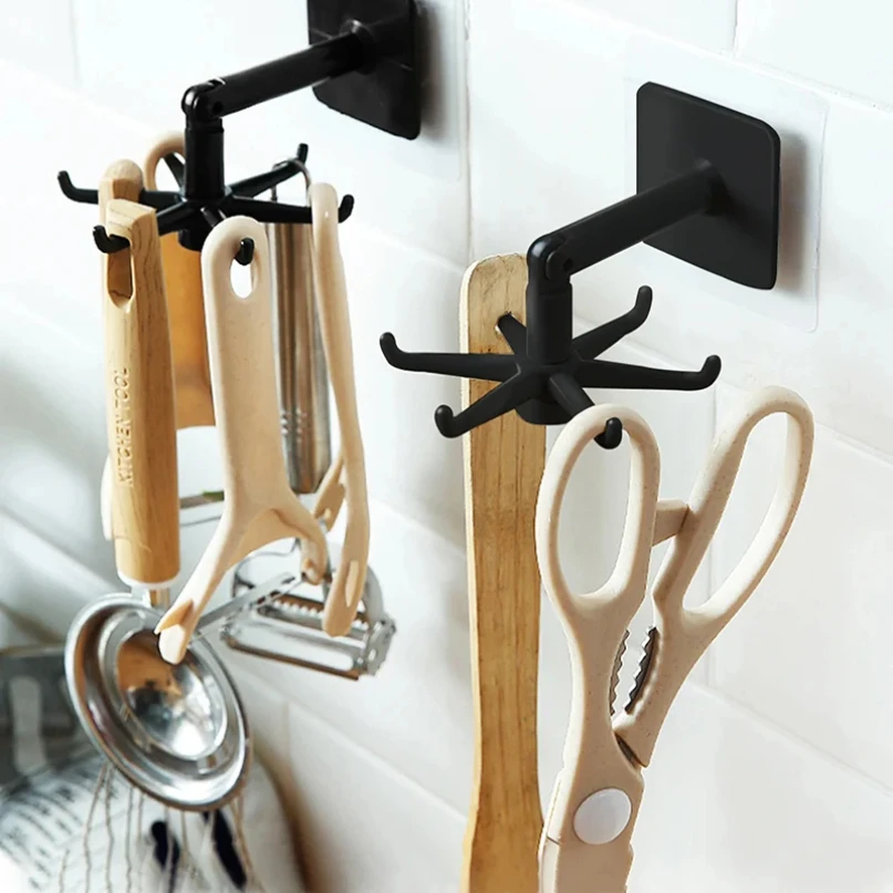 360 Degrees Rotated Rotatable Storage Spoon Hanger Non Punching Adhesive Hook Wall Mounted Kitchen Suction Cup Storage Rack