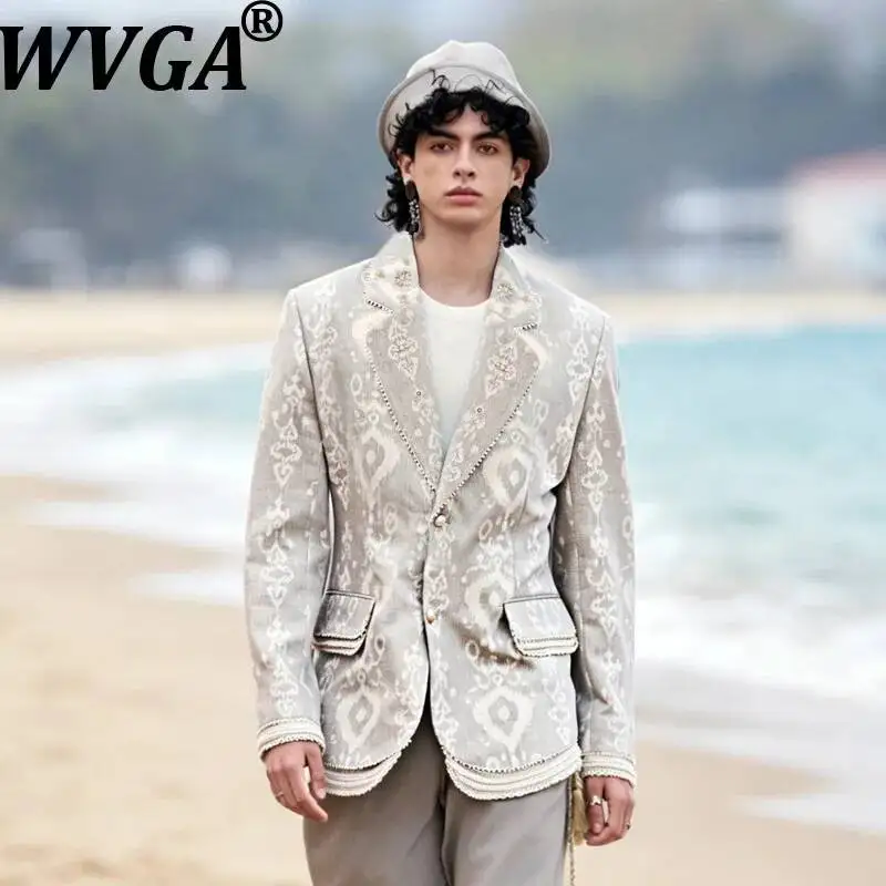 WVGA Spring Autumn New Men Ethnic Resort Ribbon Decoration Trendy Blazer Niche Gold Thread Hand-embroidered Beaded Jacket W24826