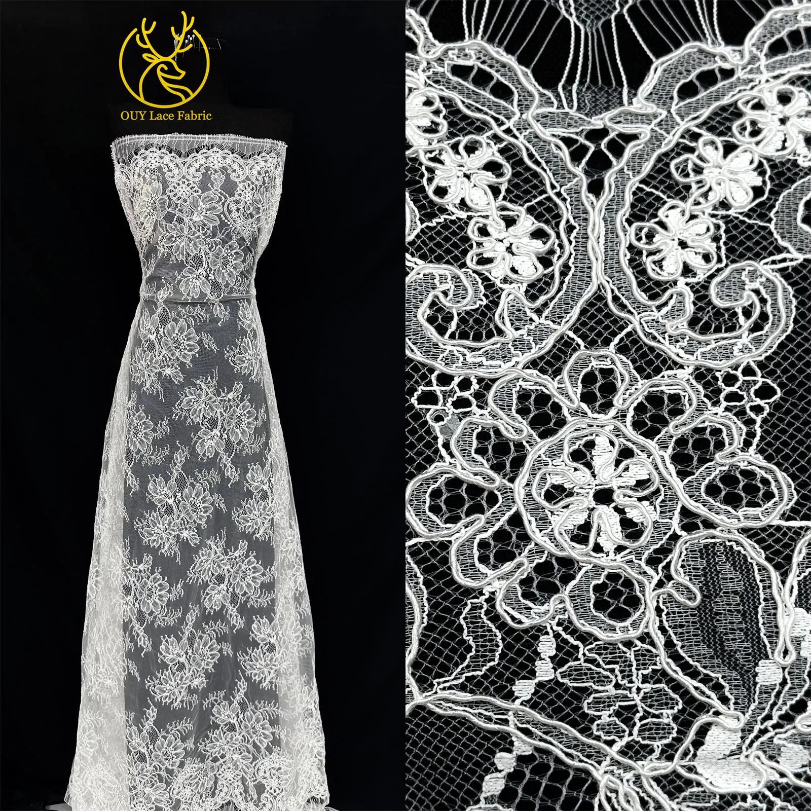 

White African Mesh Embroidered Lace Fabric 2025 French Thick Thread Tulle Lace Fabric for Bridal Wedding Dresses Material Sewing