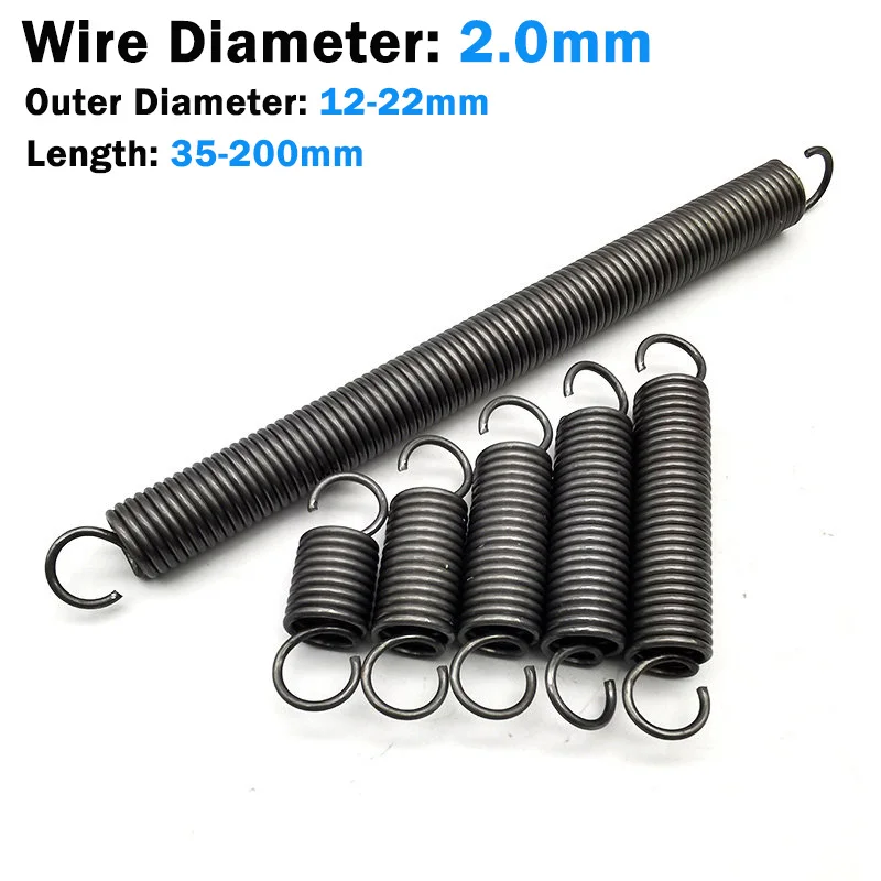 1pcs Wire Diameter 2.0mm Open Hook Tension Spring Pullback Spring Coil Extension Springs OD:12/14/16/18/20/22mm Length:35-200mm