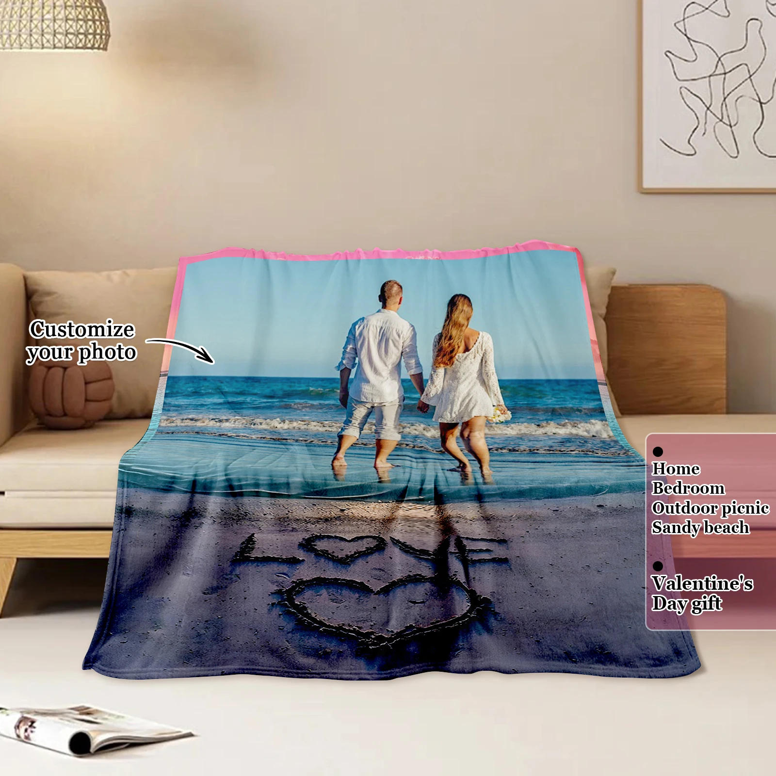 

Customized Romantic Beach Couple Blanket Hand In Hand On The Beach Valentine's Day Gift For Boyfriend Girlfriend Husband Wife