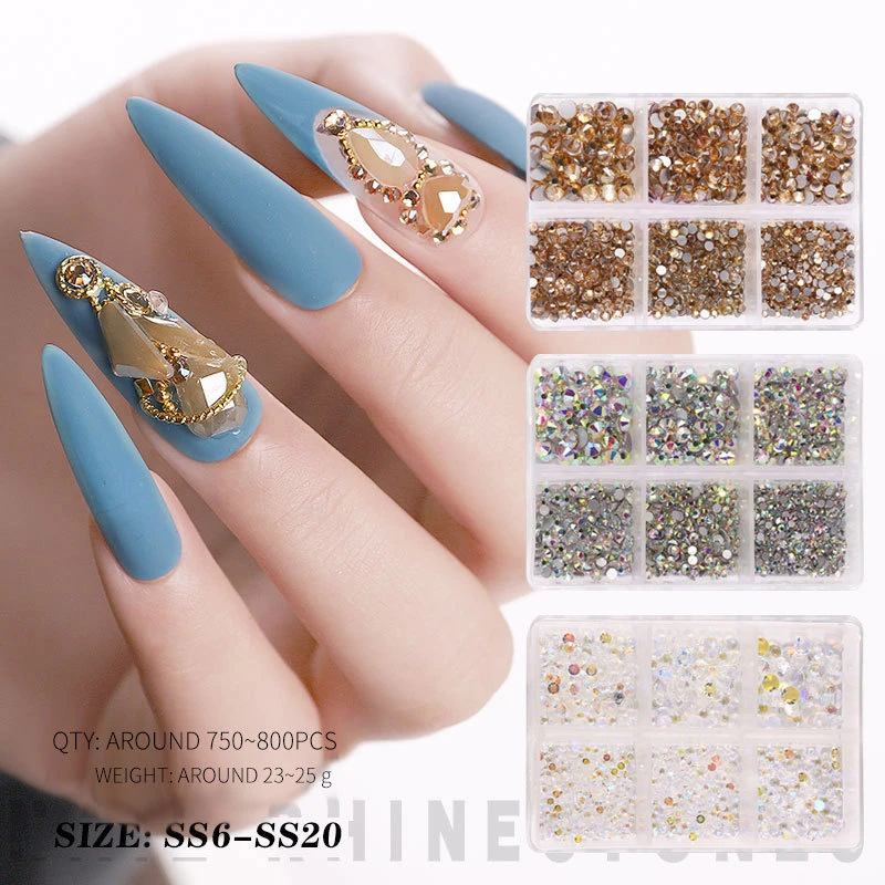6 Grids Mixed Flat Back Rhinestones for Nails Multi-Color Champagne Nail Art Rhinestones DIY Nail Decoration Charms Wholesale