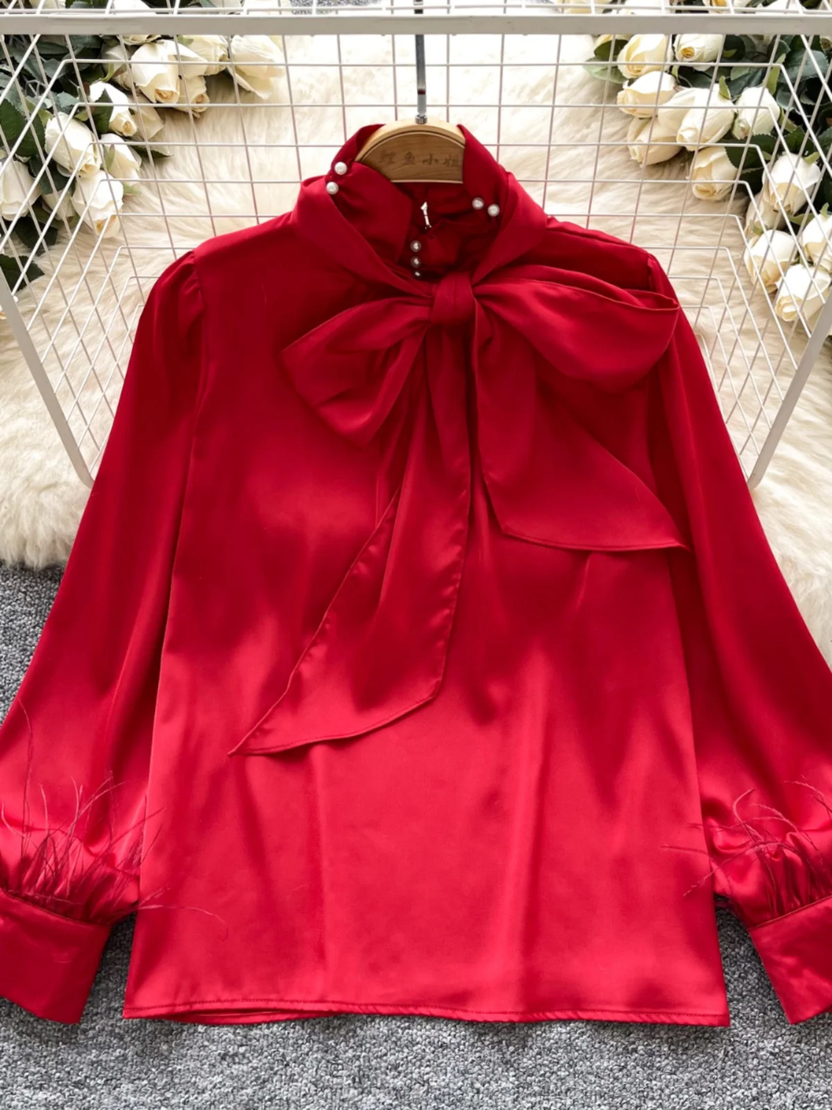 Elegant Long Sleeve Satin Shirt Women's Loose Fit Knot Necktie Slimming Top Korean Style Commute Fashion