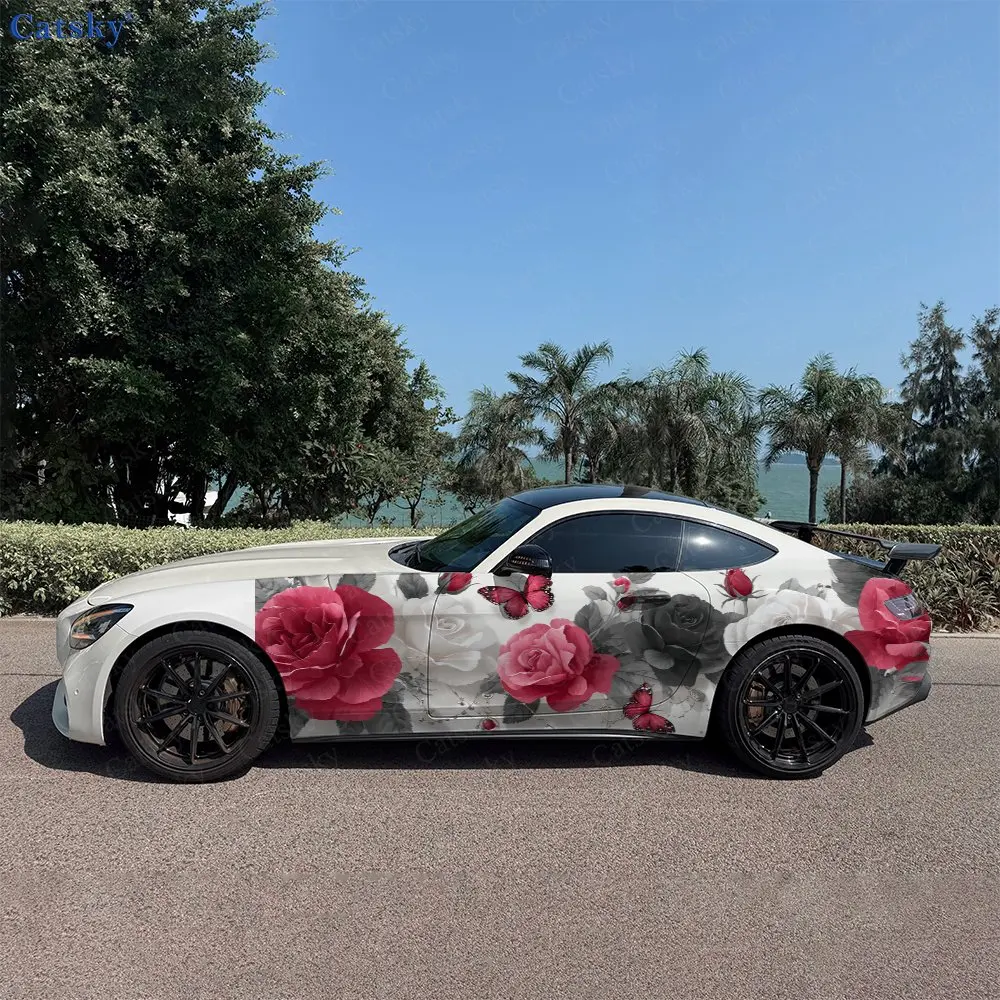 2pcs Roses And Dancing Butterflies Car Side Wraps, Self-Adhesive PVC Waterproof & Scratch-Resistant Stickers, Car Accessory Gift