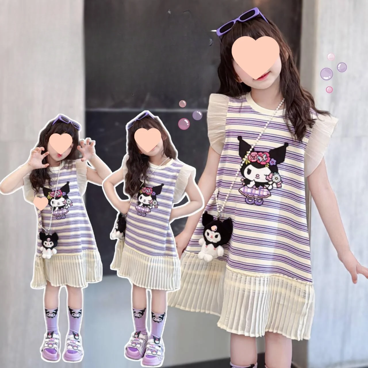 Kawaii My Melody Kid Striped Dress Sanrio Anime Cartoon Cinnamoroll Kuromi Children Cute Fashion Ruffled Skirt for Girls