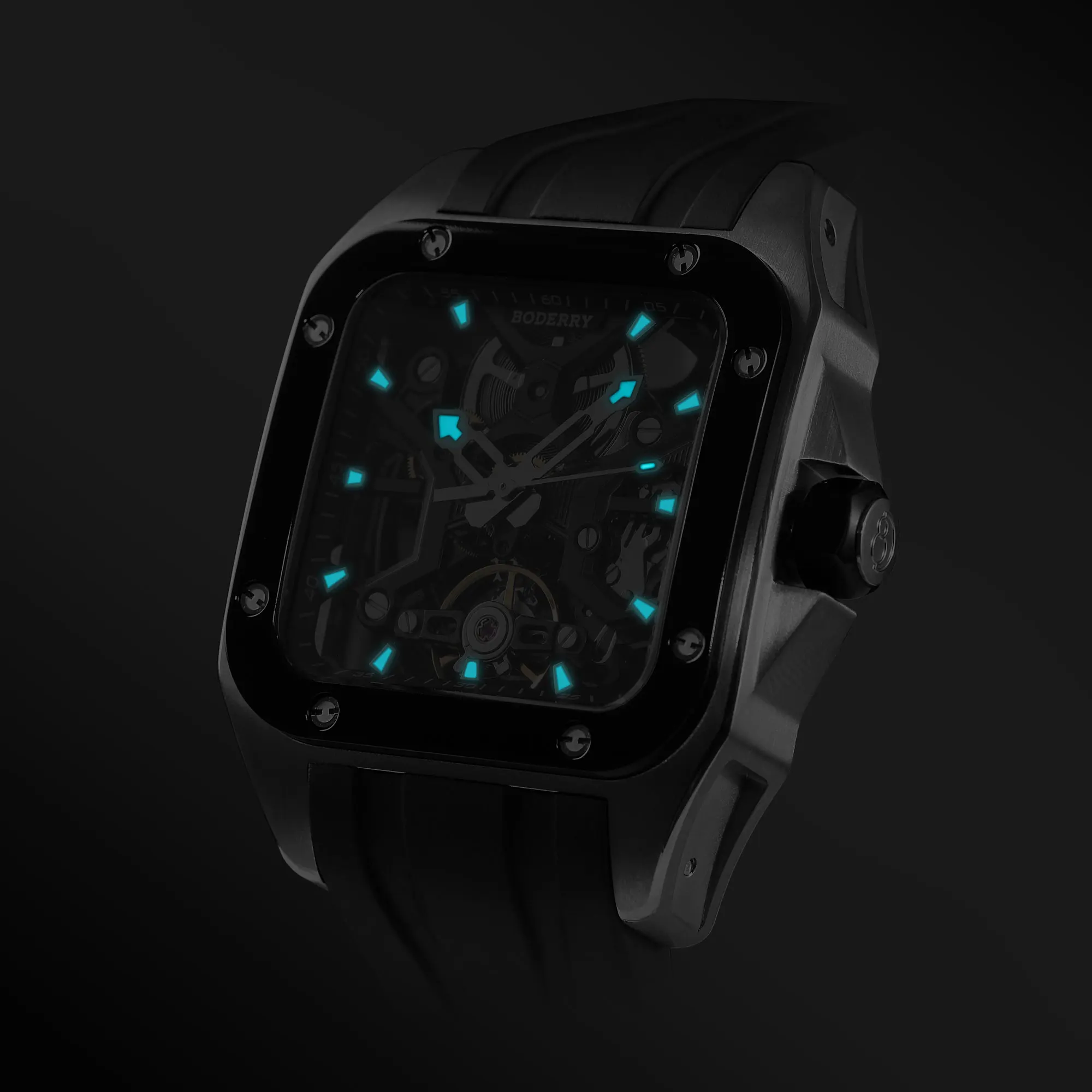 BODERRY Мужские автоматические часы 42 мм Титановые квадратные механические наручные часы Скелет 100 м Водонепроницаемый сапфир BGW9 Светящийся ремешок FKM