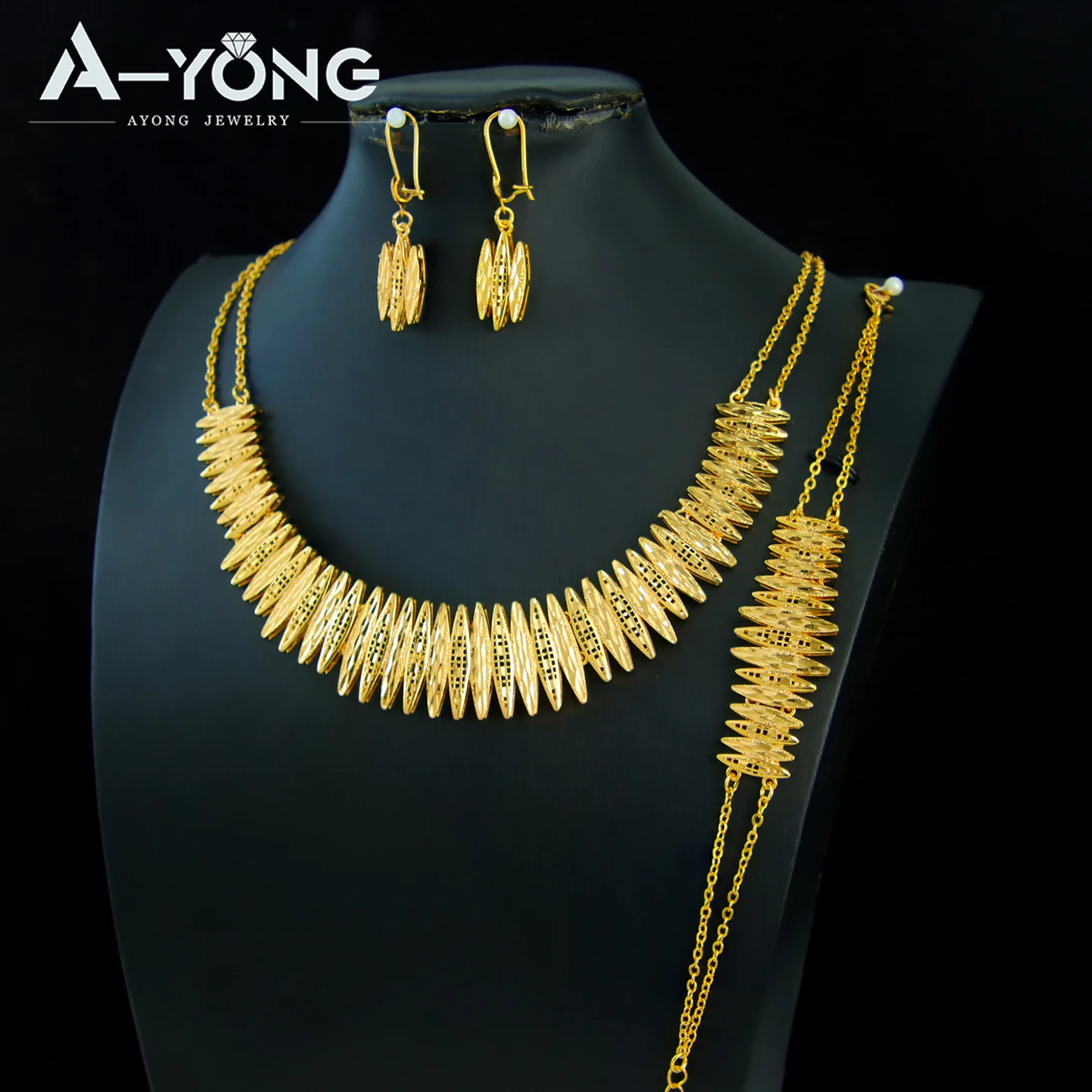 Luxus Dubai Hochzeit Schmuck Set 24k Gold Überzogene Arabisch Braut Gold Halskette Armband Ohrringe Habesha Frauen Party Schmuck – Detail 3