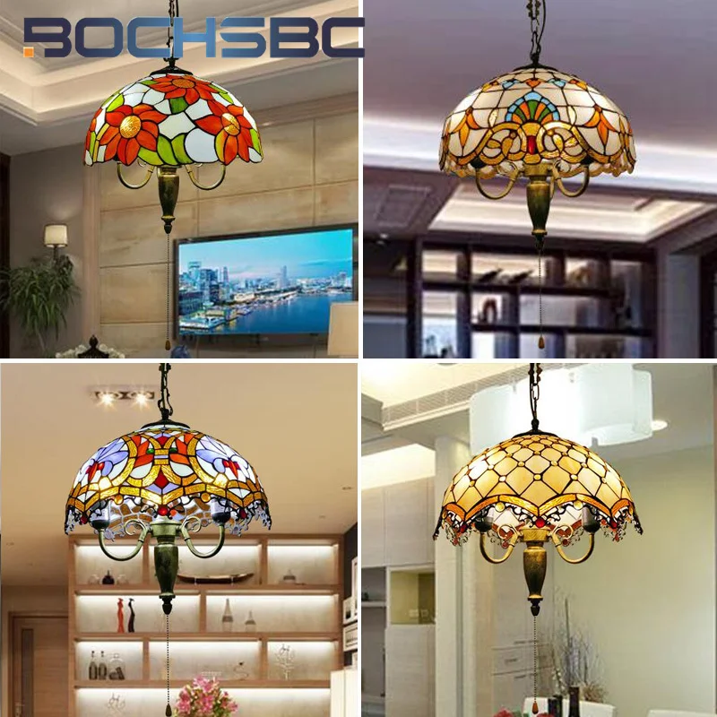 BOCHSBC Tiffany style Stained glass 16inch American Garden Chandelier Pendant lamp Vintage Dining Room Bedroom hallway Cafe deco