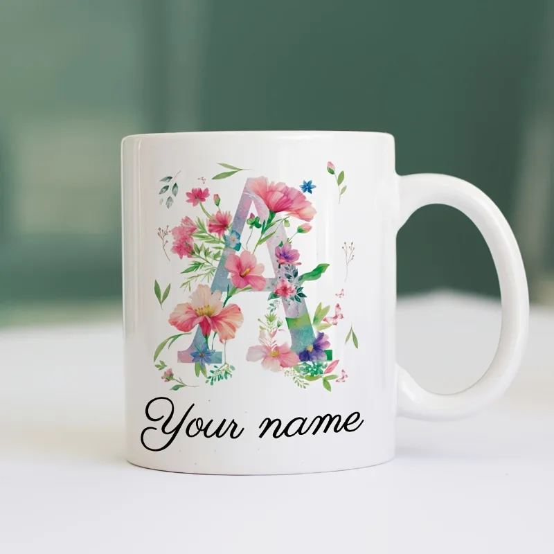 Custom Name/Text Floral Initial Mug Watercolor Monogram Letter White Ceramic Tea Cup Wedding Present Gift Birthday Gifts