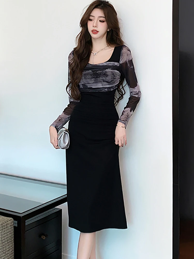 

2023 Black Patchwork Mesh Print Midi Dress Autumn Winter Chic Elegant Birthday Dress Female Korean Vintage Bodycon Festival Robe