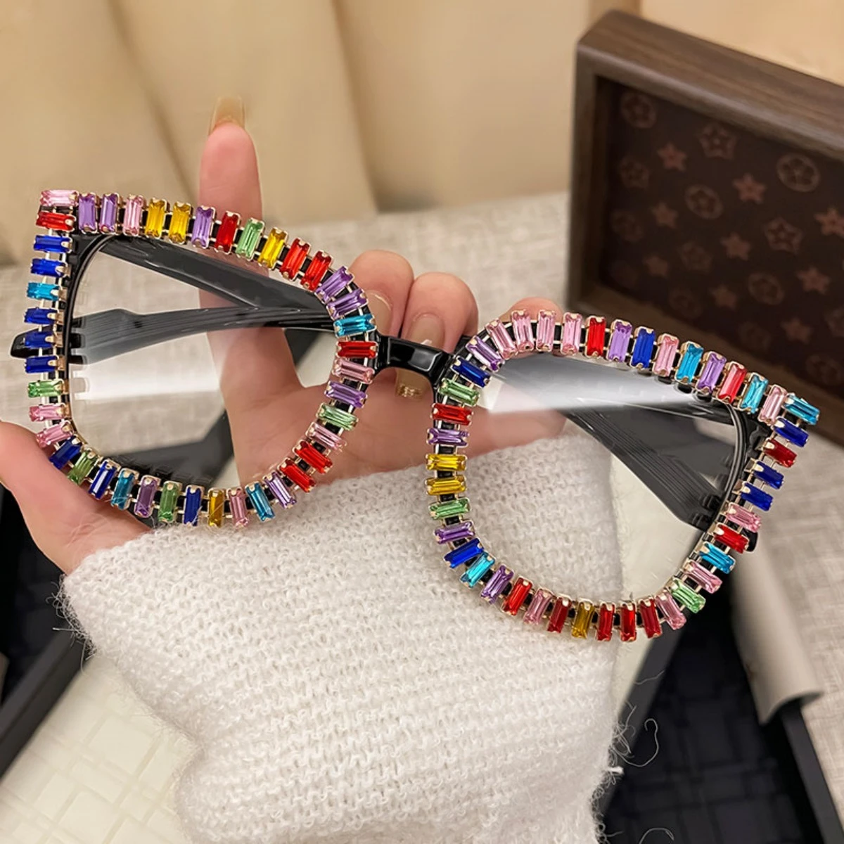 

Fashionable Square Korean Rhinestone Oversized Frame Slimming Party Glasses Anti Blue Light GlassesTrendy Decor Accessory