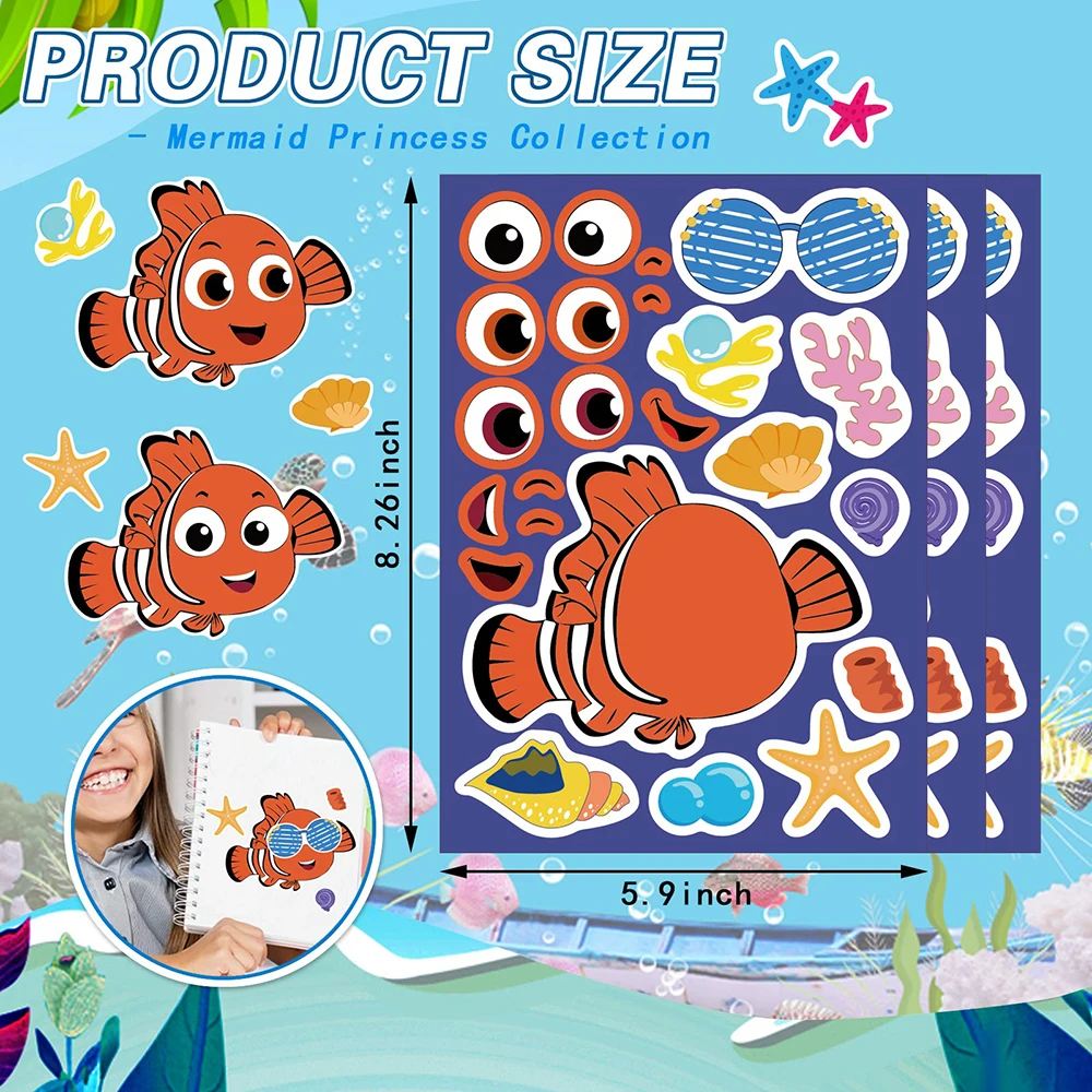 8/16Sheets Make a Face Ocean Animal Puzzle Stickers Create Your Own Shark Turtle Children Sea Themed Game Jigsaw Kids Toys Gifts