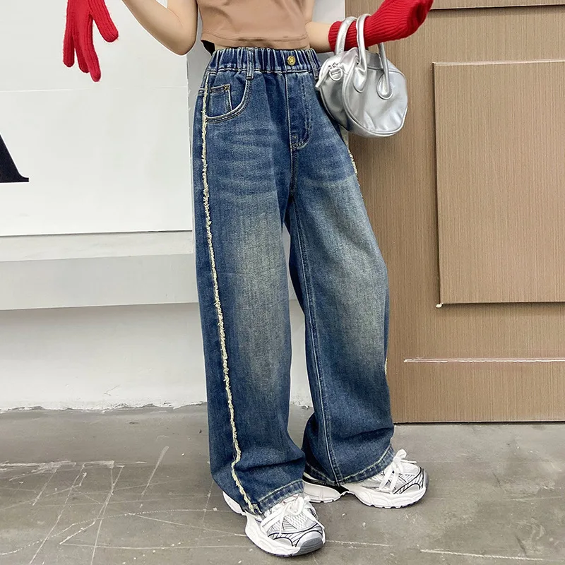 2024 primavera e autunno moda Jeans per ragazze pantaloni Casual moda per bambini grandi e medi pantaloni larghi pelosi autunnali da donna