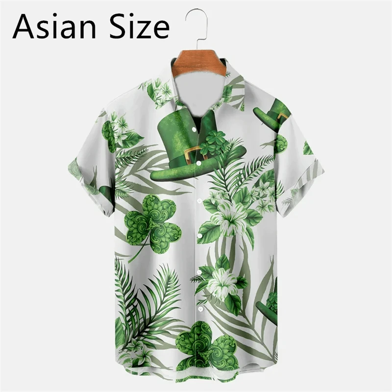 Fashion St. Patrick's Day 3D Printed Shirts For Men Summer Casual Four Leaf Clover Graphic Blouse Loose Lapel Button Trend Tops