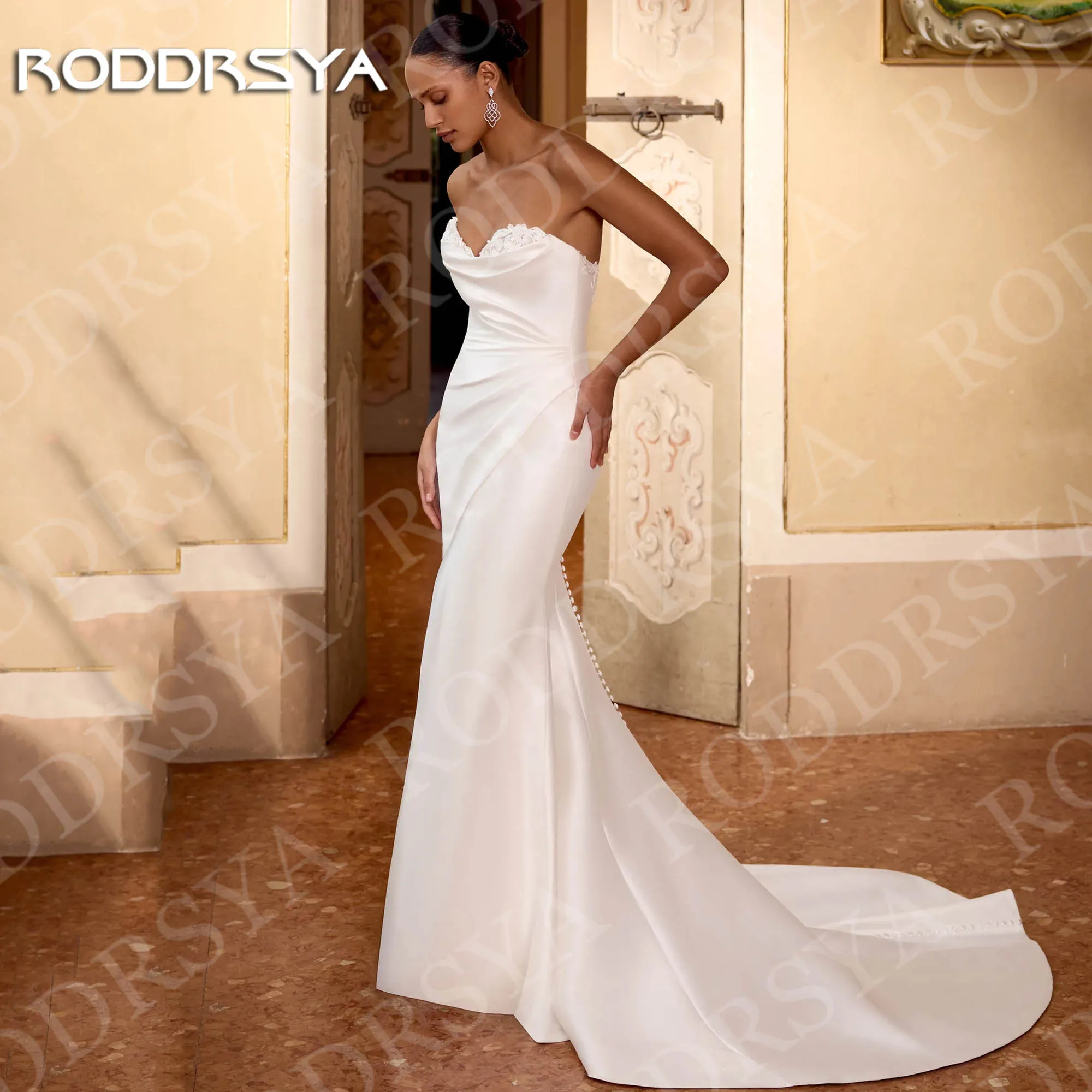 RODDRSYA personnalisé élégant sirène robes de mariée Sexy chérie dentelle manches longues Satin robe de mariée haute fente femme 2026 Personnalisé élégant sirène robes de mariage sexy chérie dentelle manches longues sa