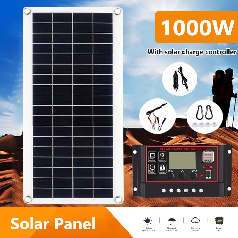 1000W Solar Panel 12V Solar Cell 10A-100A Controller Solar Plate for Phone Camping RV Car MP3 PAD Charger Outdoor Battery Supply