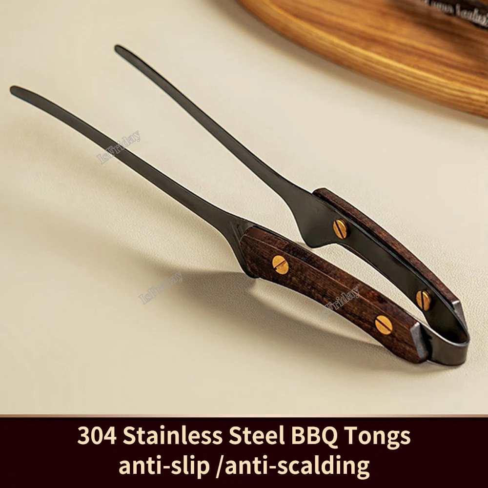 24cm/9.4in Camping Picnic BBQ Tongs 304 Stainless Steel Barbecue Grill Tongs Clip Heat Insulation Wooden Handle Cook Tong