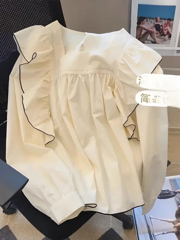 

French Sle Loose Fit Women's Chiffon irt Collared Lace Hemline White Early Autumn New Faion Ele Top for Teen Girls