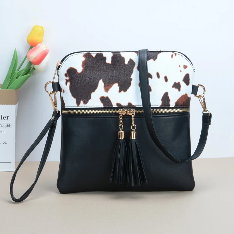 Bolsa crossbody com borla de pulseira com estampa de vaca, bolsa texturizada de couro PU, bolsa de ombro clássica versátil da moda para presente feminino