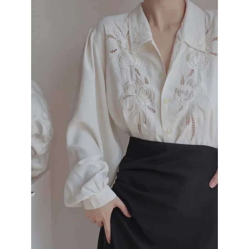 Korejpaa French Style White Shirt Women Blouses 2024 Spring New Elegant Embroidered Hollow Solid Color Shirts Outwear Clothes