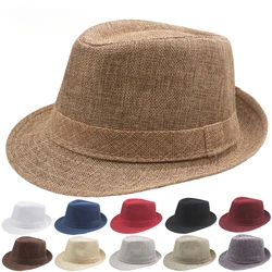 Middle Aged Linen Curled Jazz Hat Summer British Retro Top Hat Outdoor Plain Solid Linen Sun Visor Hat Party Fedoras Cap