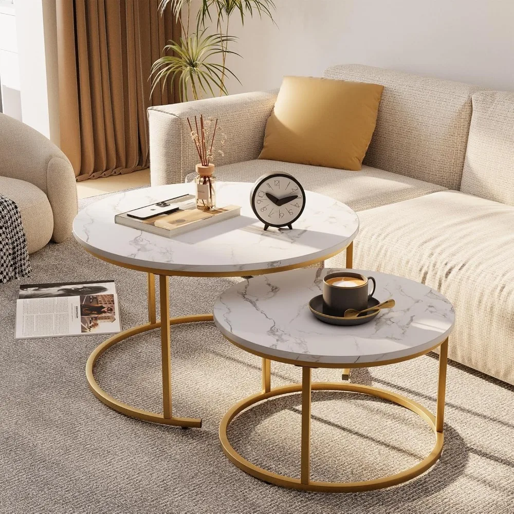 

29.5" Nesting Coffee Table, Large White Faux Marble Gold Side Table Set of 2, Steel Frame Circular and Round Wooden Tables