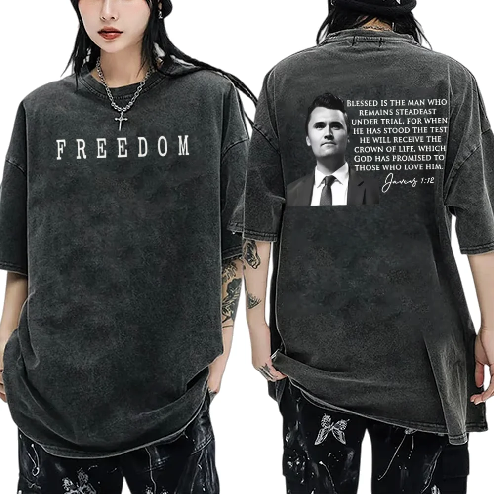 تي شيرت Prray for Charlie Kirk Freedom Graphic Acid Wash مطبوعات جرافيكية لمحبي ملابس الشارع للرجال والنساء