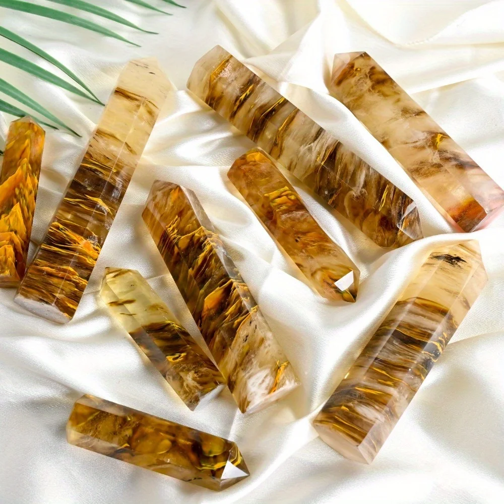 1pc Tiger Stripe Smelting Tower - Polished Hexagonal Prism Crystal Stone with Golden-Brown Striations