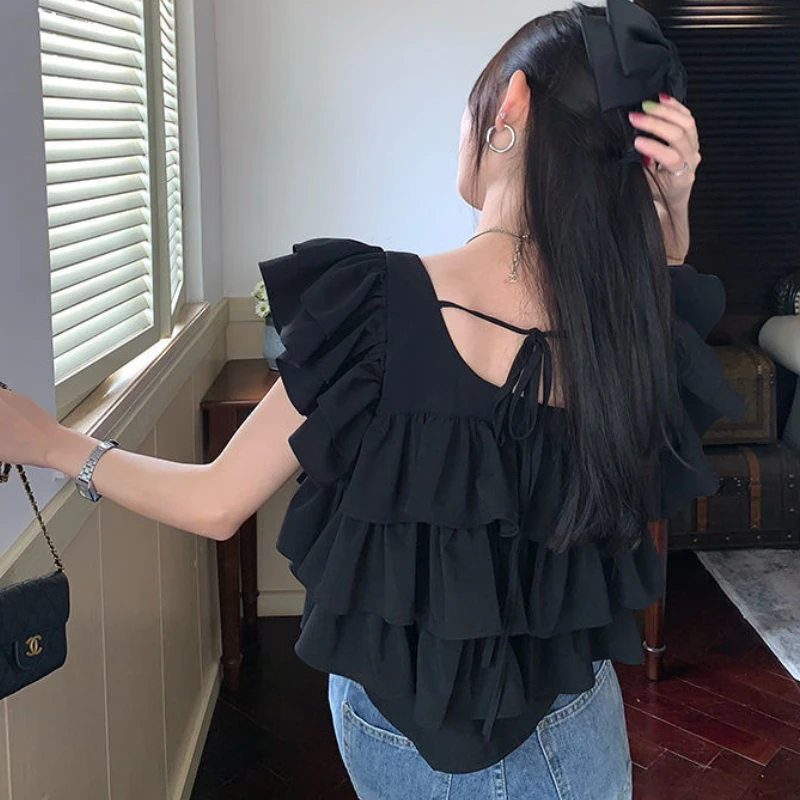 Flying Sleeve Blouses Women Ruffles Sweet Summer Crop Tops Fashion Elegant Square Collar Female Holiday Korean Style All-match