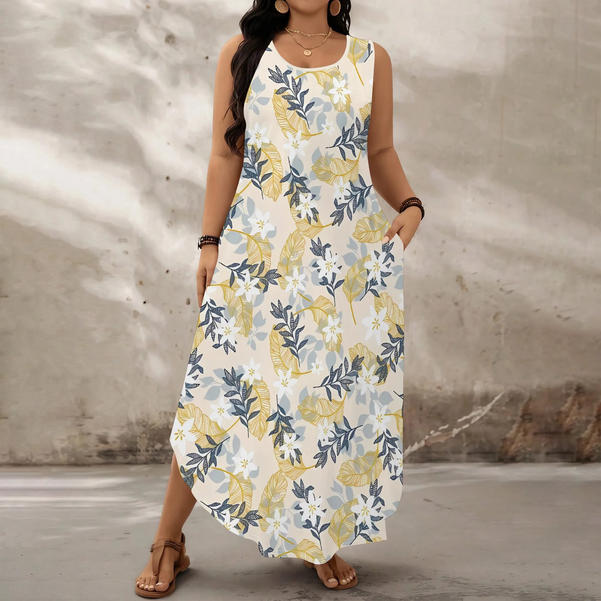 

Nupusa Plus Size Sleeveless Maxi Dress for Women Tropical Leaf Floral Print Loose Fit Casual Summer Dress