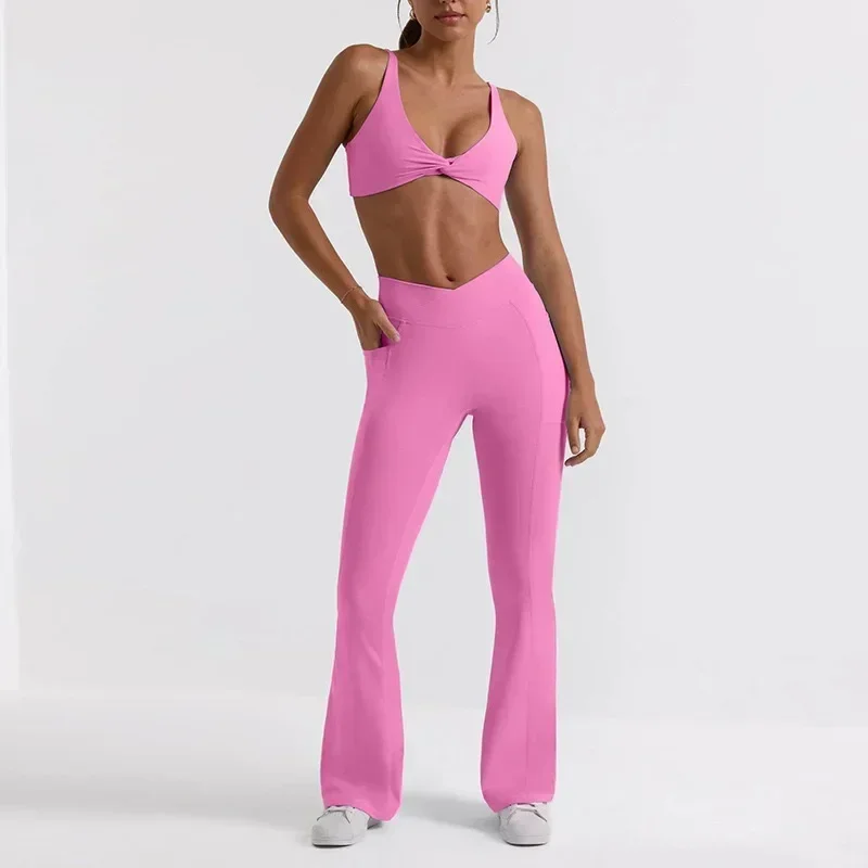 Women's New Fitness Suit Yoga Bell Bottoms Bra Two-piece Wide Leg High Waist Hip.