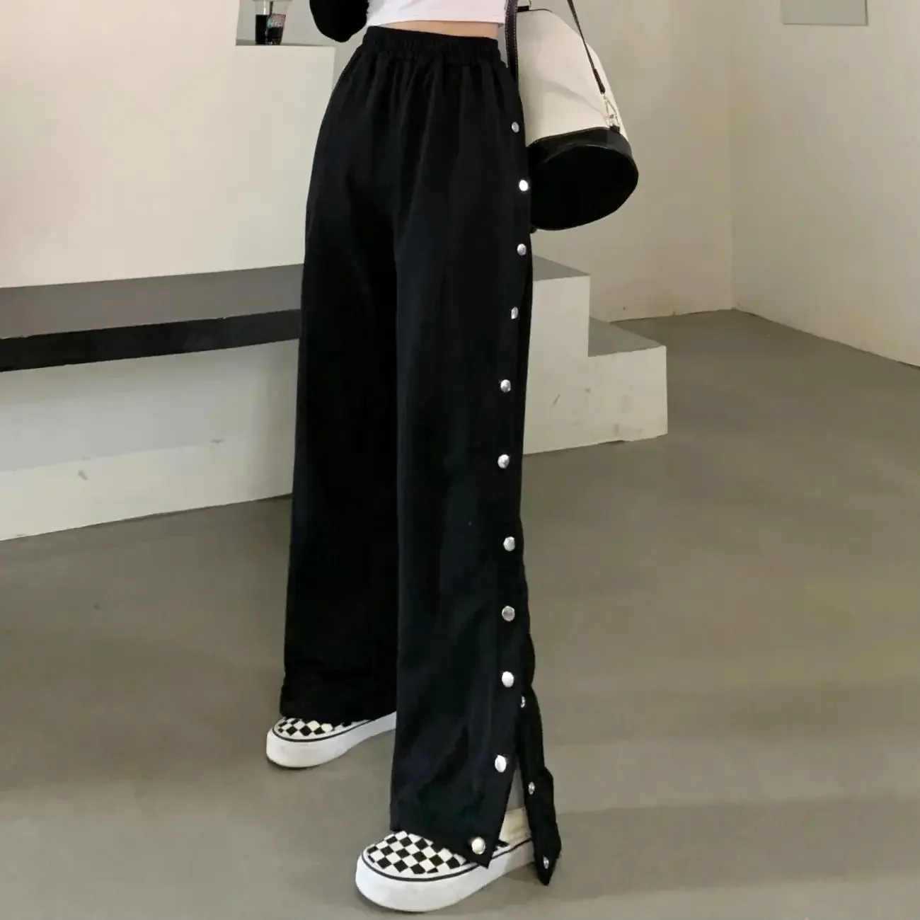 

Button Side Women Pants for Spring Clothes Hip Hop Wide Leg Trousers Cyber Y2k Techwear Punk Clothing Streetwear 2024