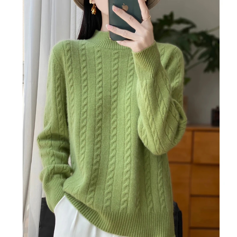 Autumn Winter New 100% Merino Wool Women\'s Clothes Half High Collar Solid Color Long Sleeve Sweater Knit Pullover Casual coat