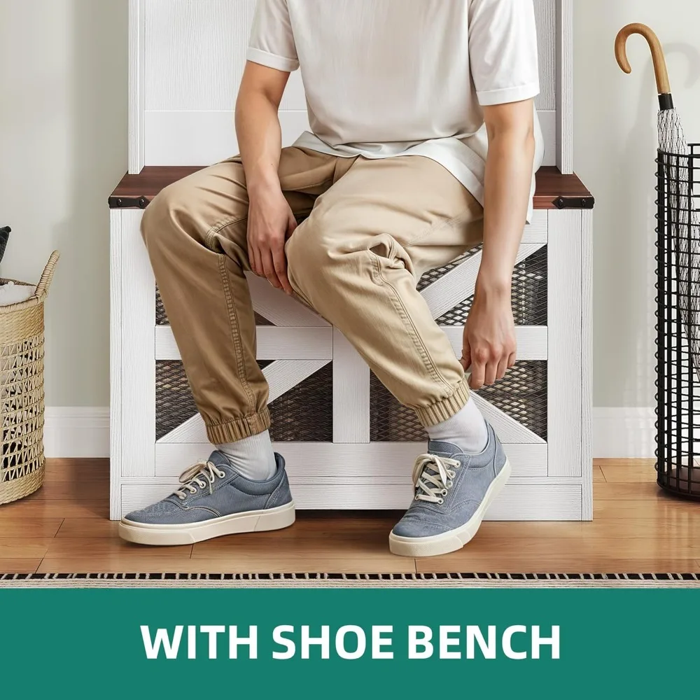 رفوف المعاطف مع مقاعد البدلاء ورف الأحذية، منظم تخزين الأحذية الكبير مع خطافات المعطف، باب الحظيرة المنزلق للدرج، أرفف قابلة للتعديل